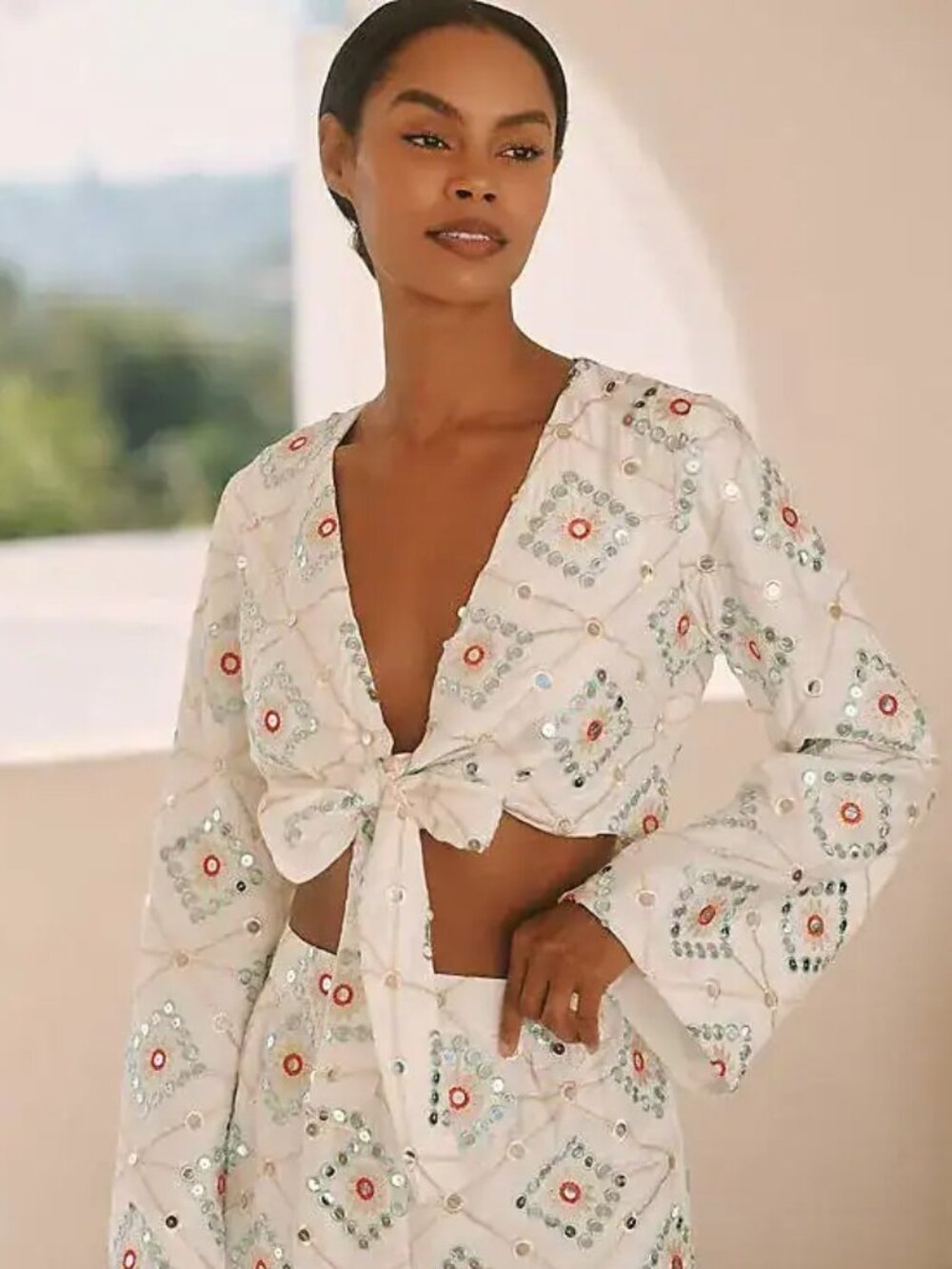 Blithe Embellished Mirror Geometric Tie-Front Crop Top Women's Size XS White